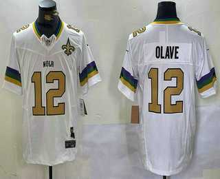 Mens New Orleans Saints #12 Chris Olave White Team Patch 2024 FUSE Vapor Limited Stitched Jersey